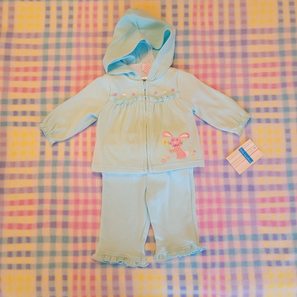 LITTLE WONDERS ♡ NWT Precious Aqua Baby Girl 2pc Bunny Hoodie Jacket Outfit 0-3M